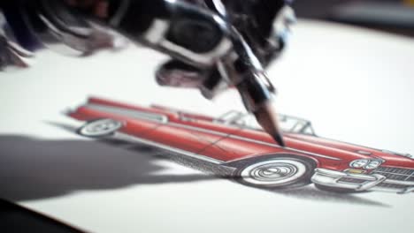 a robotic hand skillfully illustrating a classic red convertible car on paper, showcasing the intricate details of the design with precision and craftsmanship