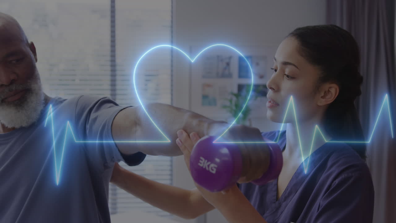 환자와 함께 두 인종의 여성 의사 위에 심장 박동 모니터의 애니메이션