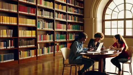 diverse group of students collaborating in a university library