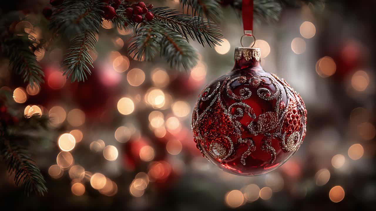 Splendido primo piano di una decorazione natalizia rossa appesa a un pino, circondata da luci festive splendidamente sfocate che creano una calda atmosfera natalizia