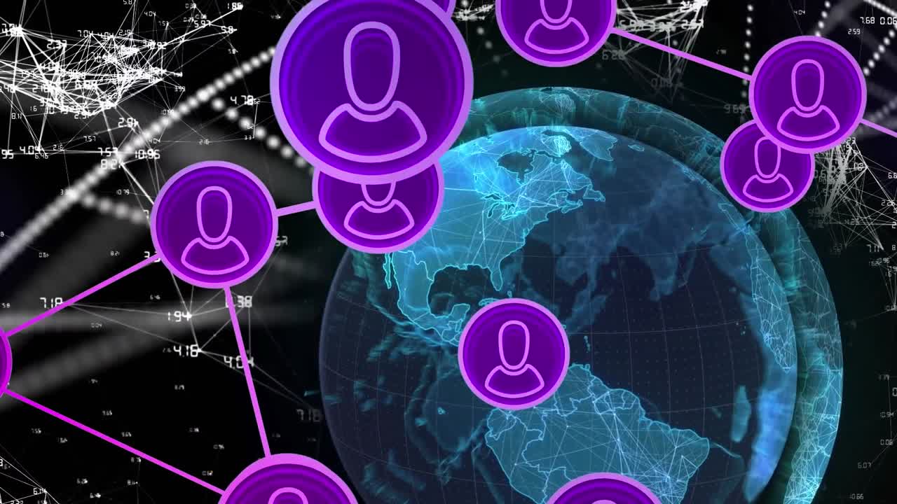 animación de una red de iconos de perfil sobre un globo giratorio contra un fondo negro