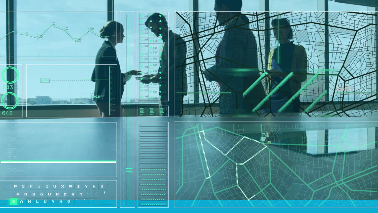 사무실에서 토론하는 다양한 사업가들에 대한 데이터 처리와의 인터페이스의 애니메이션