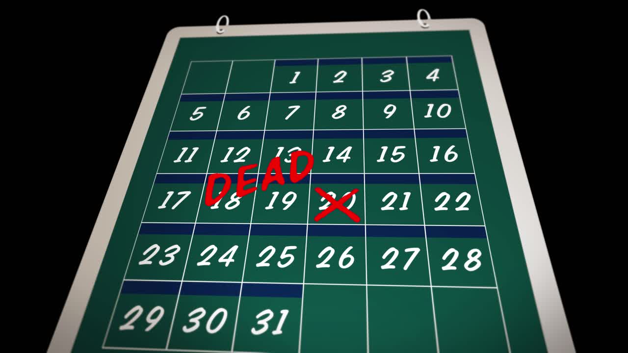 a mão marca o dia do prazo final em um calendário - visual cômico - em preto