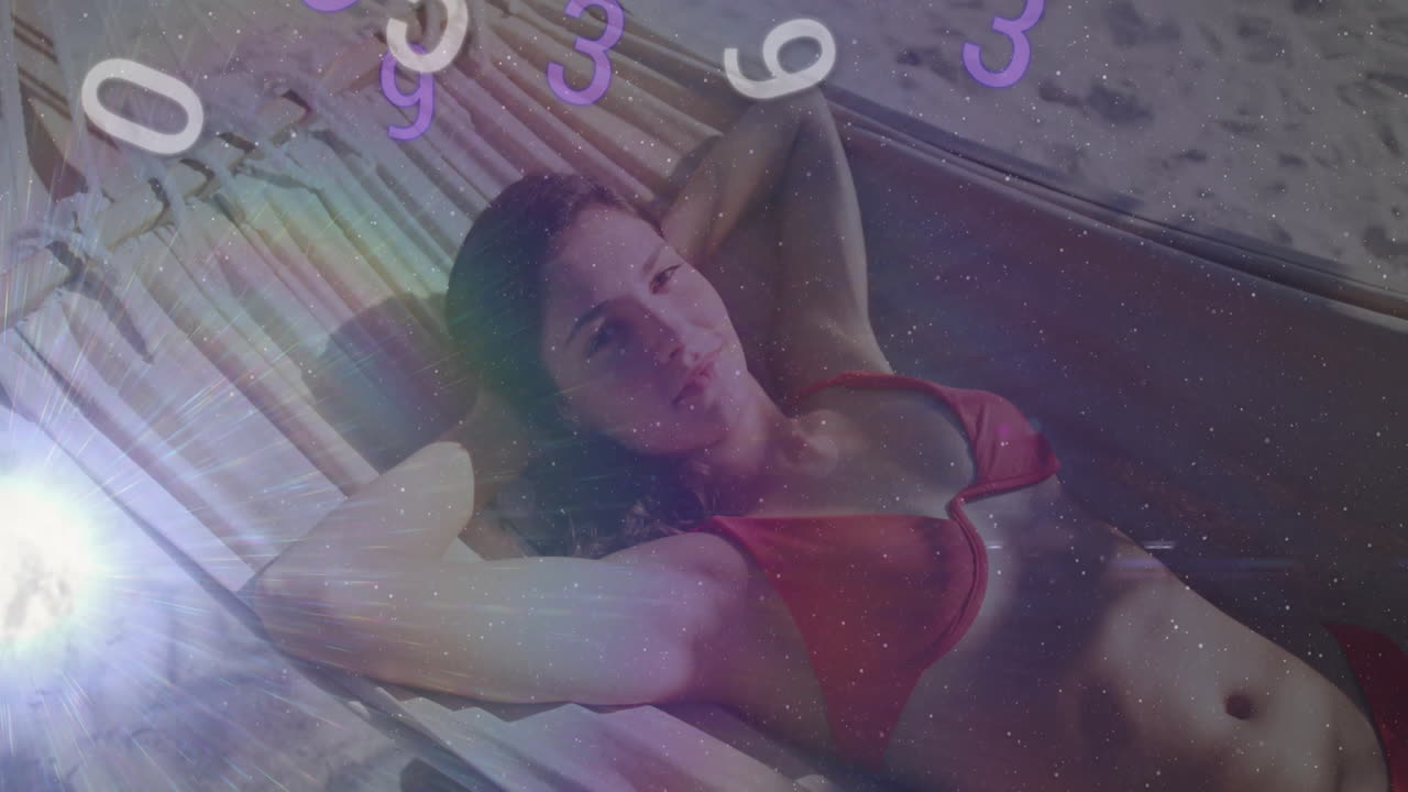 Relaxing in hammock, woman surrounded by floating numbers animation in background
