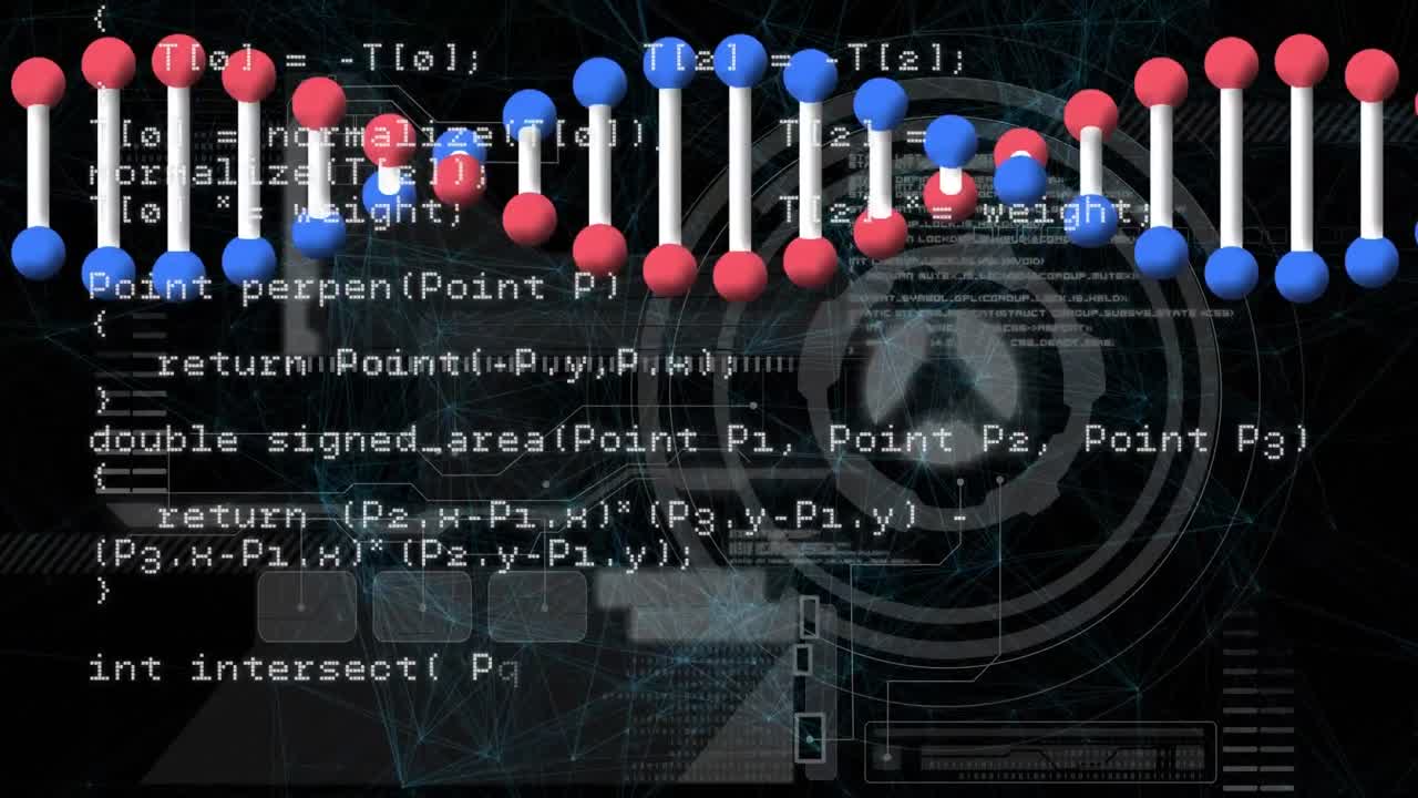 Animation of dna strand over data processing and scope scanning over black background