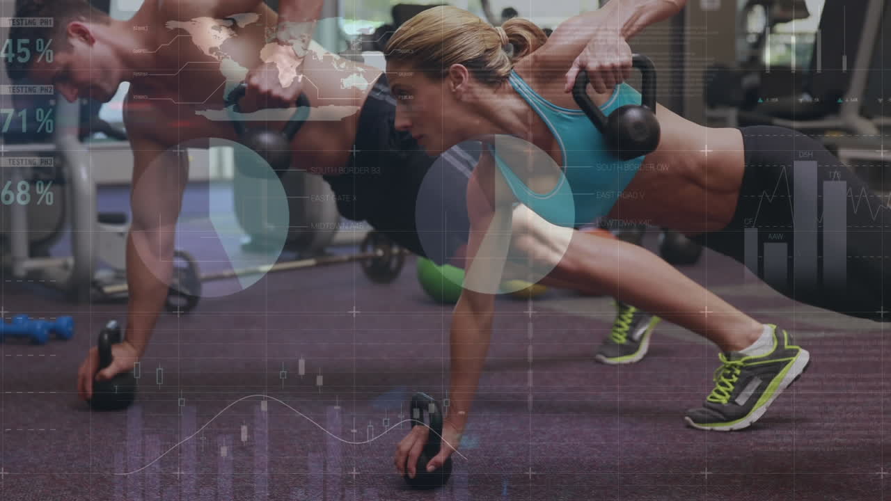 무게로 운동하는 남성과 여성에 대한 통계 및 데이터 처리의 애니메이션