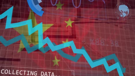 animation of flag of china and financial data processing over city