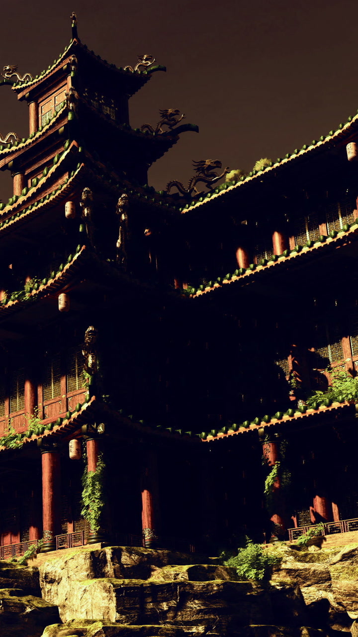 Mystical ancient building surrounded by lush greenery at dusk