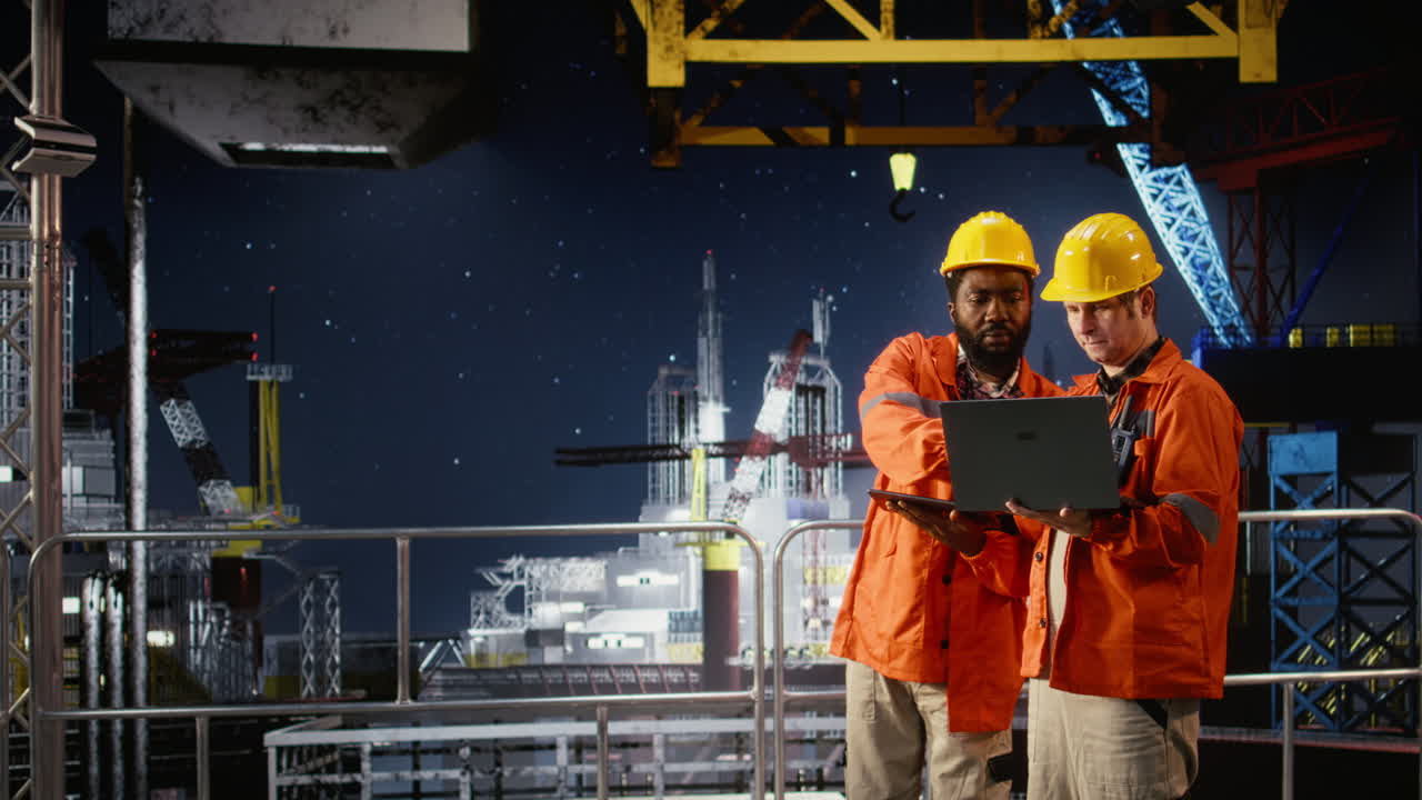 Environmental engineers on offshore platform conduct inspections