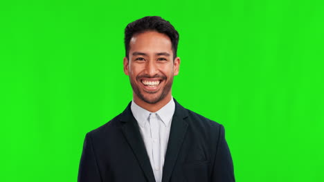 Business-man,-smile-and-wink-on-green-screen