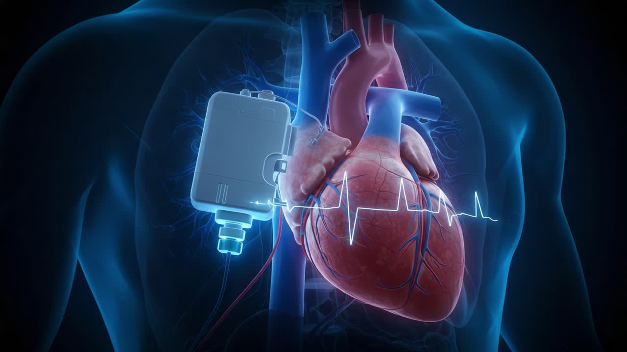 Anatomical Visualization of a Human Heart with a Cardiac Device Highlighting Heart Function and Technological Intervention in Cardiology
