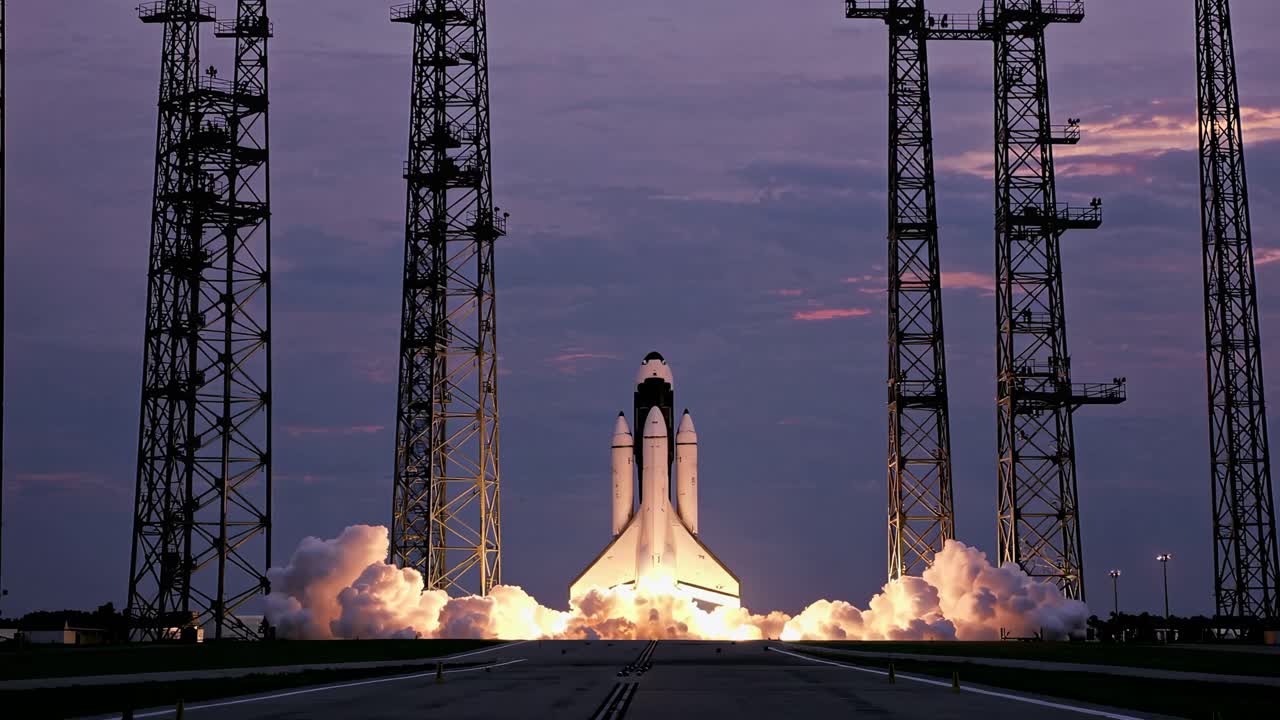 Video con ripresa dal basso di un lancio di uno space shuttle al crepuscolo, inquadrato da imponenti strutture