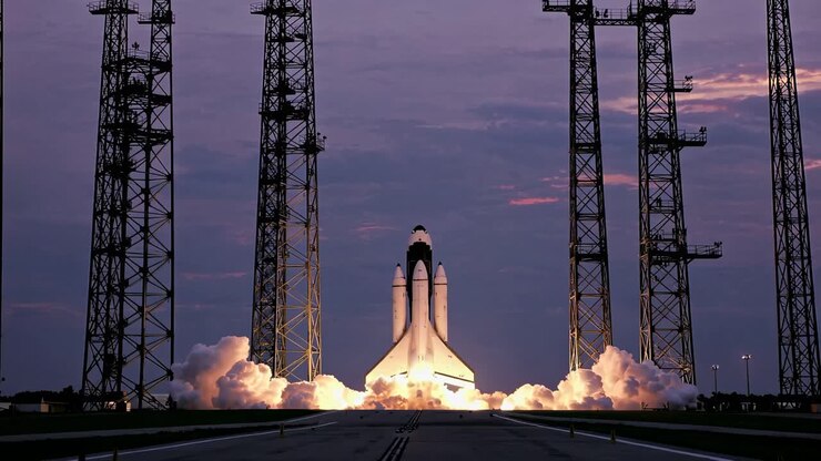 Low-angle video shot of a space shuttle launching at dusk, framed by towering structures