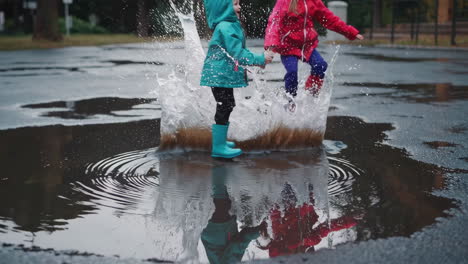 children jumping and splashing in puddles on a rainy day