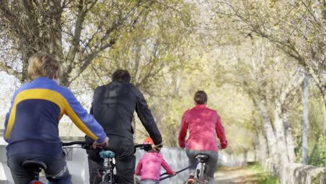 family biking on a forest path on a sunny day