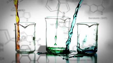 laboratory beakers with data and structural formula of chemical compounds in the foreground