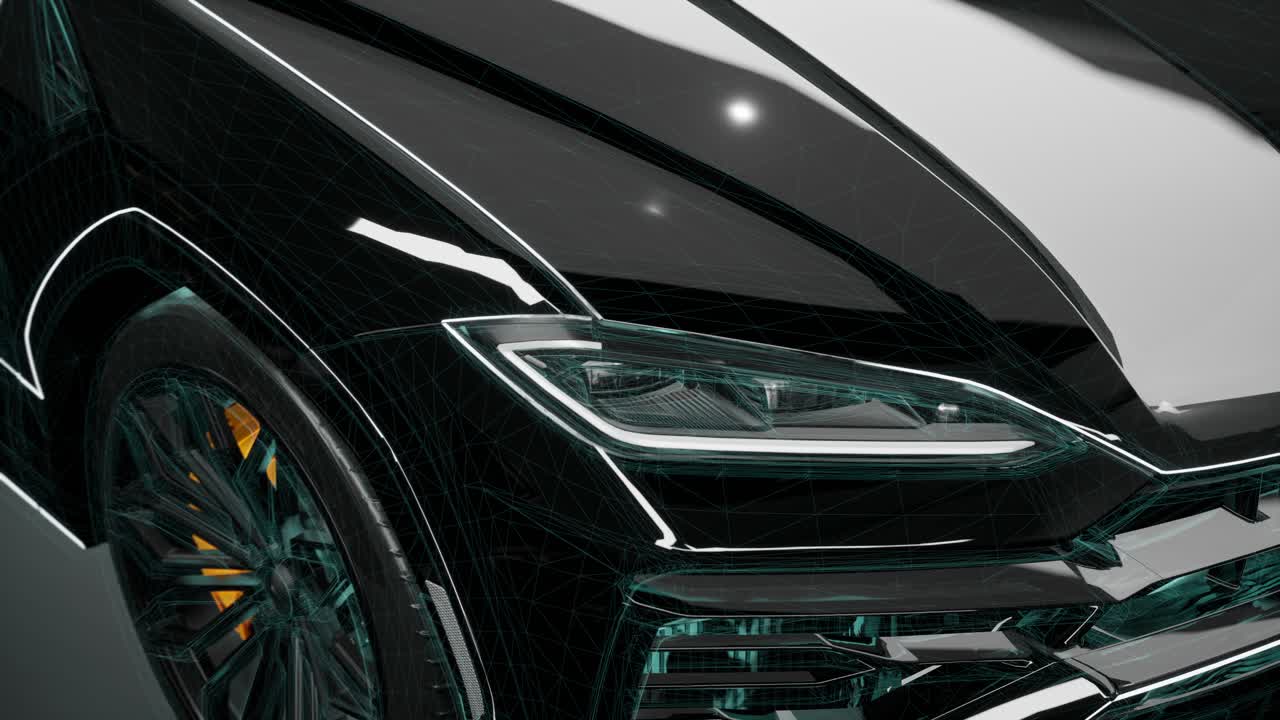 Primo piano del faro di un'auto di lusso con progetto digitale wireframe