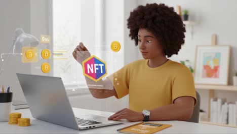 exploring the digital art market: a creative individual engaging with nfts and cryptocurrency in a modern workspace setting