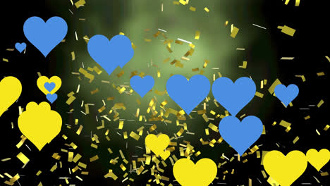 animation of hearts floating over confetti on black background