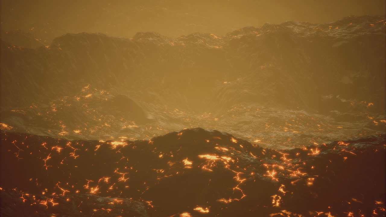 夕暮れ時、溶岩の光に照らされた火山性の溶岩流