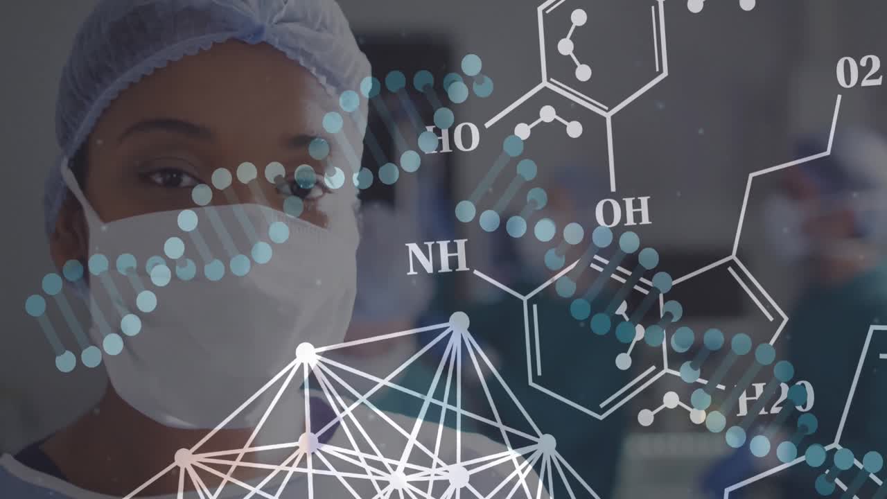 dna 줄무의 애니메이션과 얼굴 마스크를 입은 아프리카계 미국인 여성 외과 의사