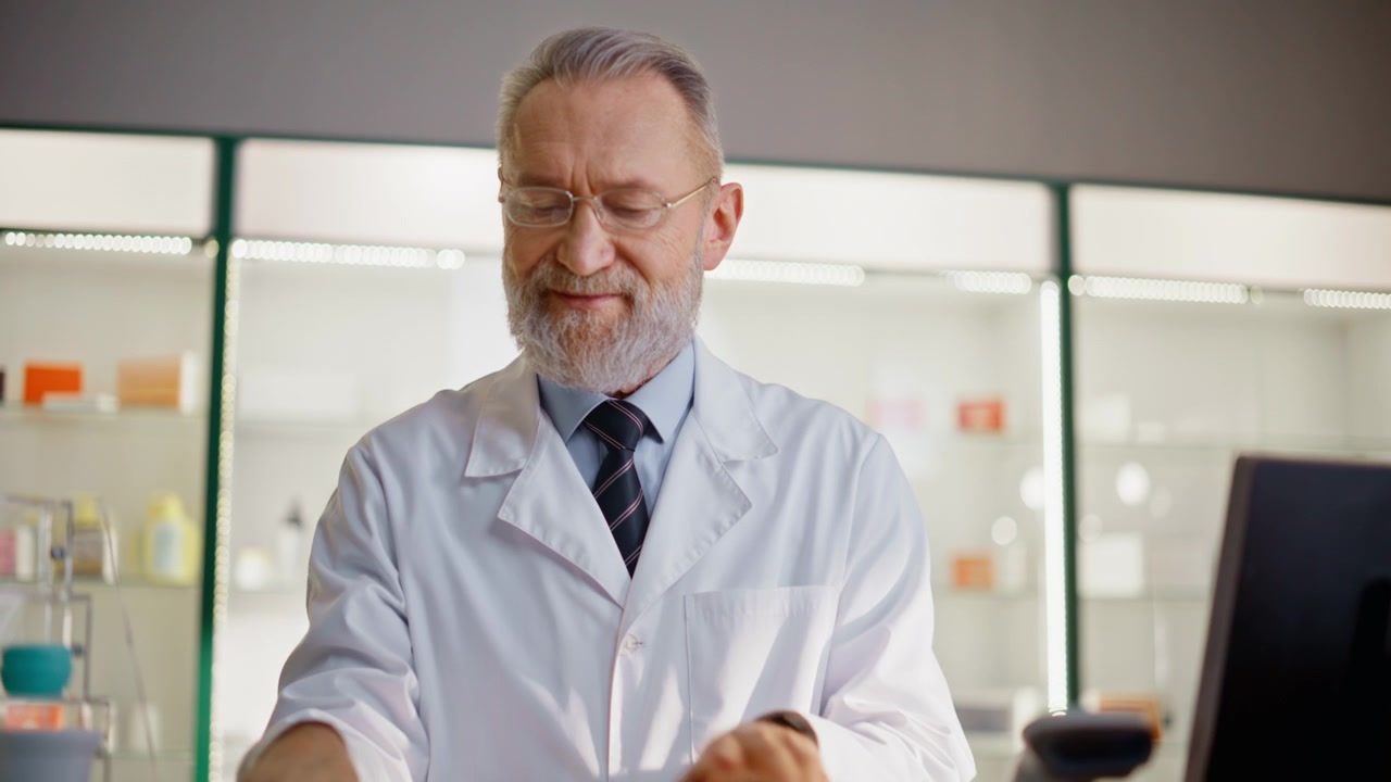 Mãos de farmacêutico entregando máquina de pagamento no caixa, em close-up