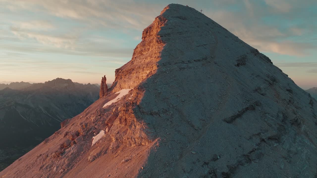 Aerial view of the famous Dolomite peaks in Cortina D'Ampezzo national park at sunrise, with Punta su di fanes, Punta nord and Monte Ciaval visible from Tofana di Rozes