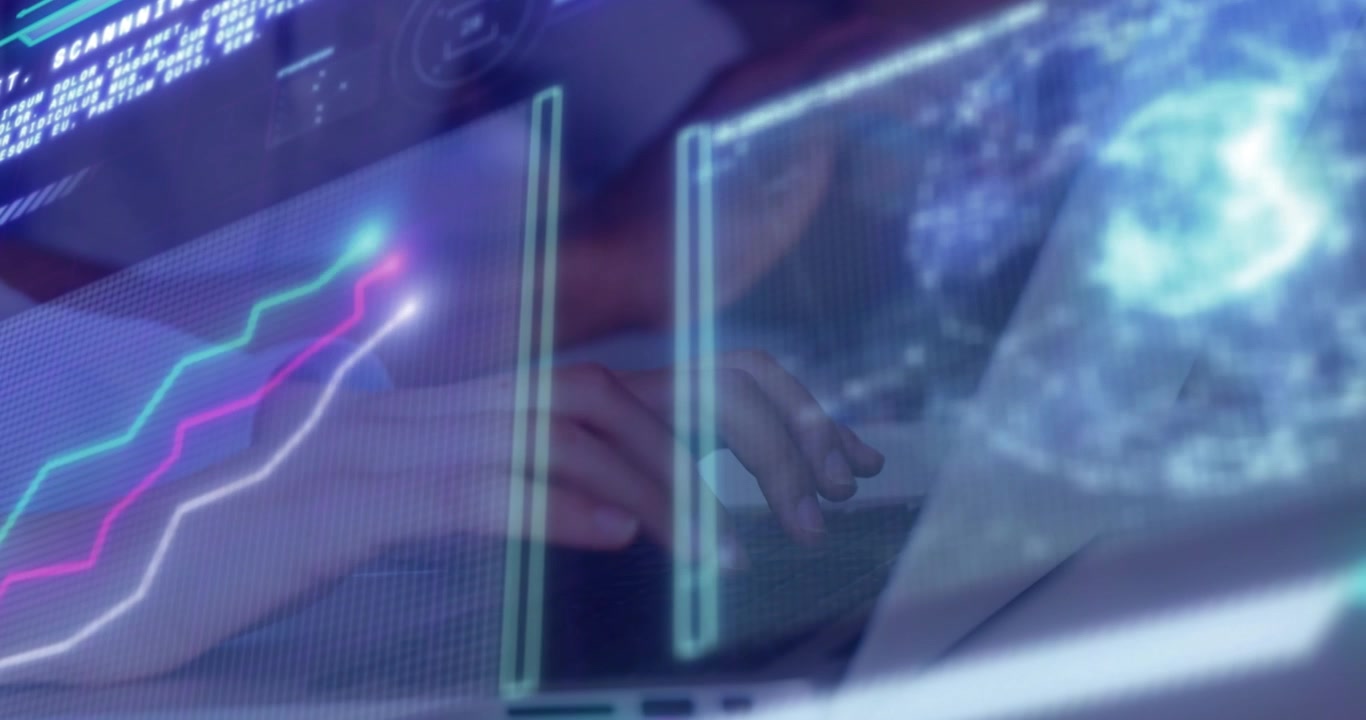 Battitura di tasti che attiva barre di scansione e la formazione di una sfera 3D, mentre vengono visualizzati flussi di dati.