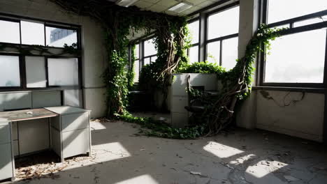 abandoned office overgrown with vines