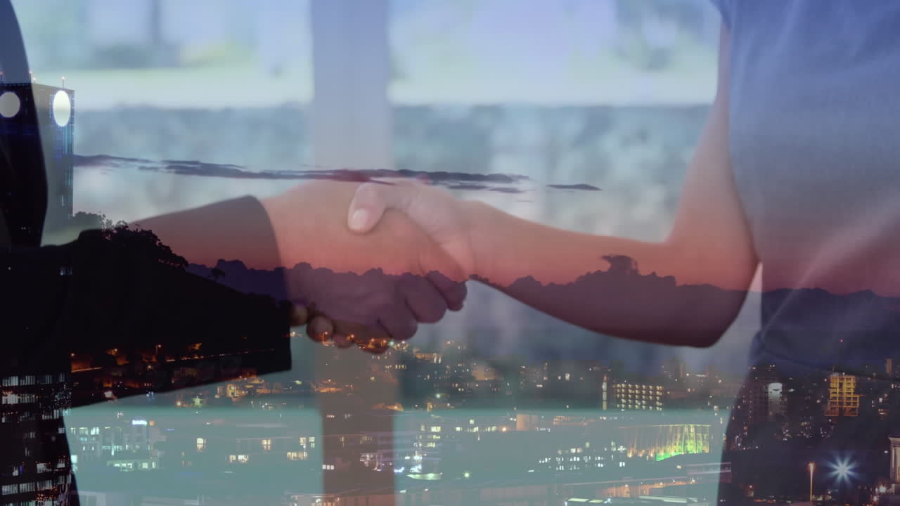 animación de un hombre de negocios apretando la mano sobre el paisaje urbano