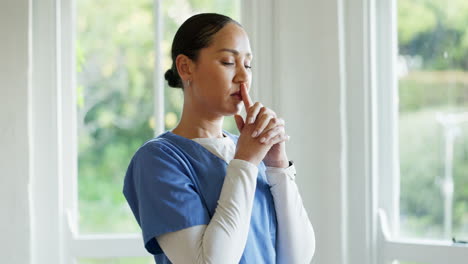 thinking, headache and stress by woman nurse