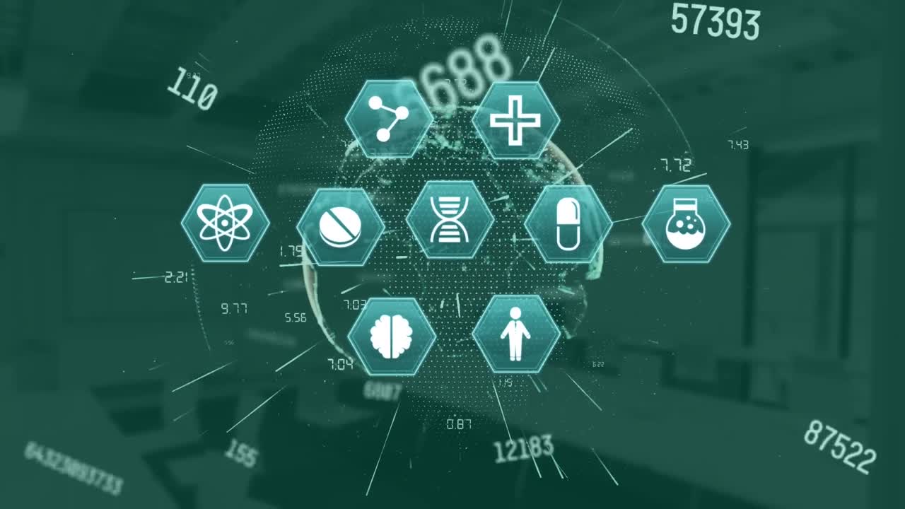 녹색 배경에 의료 아이콘과 지구를 가진 연결 네트워크의 애니메이션