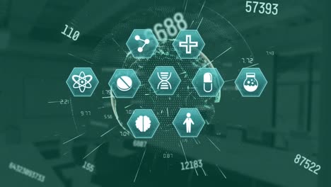 Animation-of-network-of-connections-with-medical-icons-and-globe-on-green-background