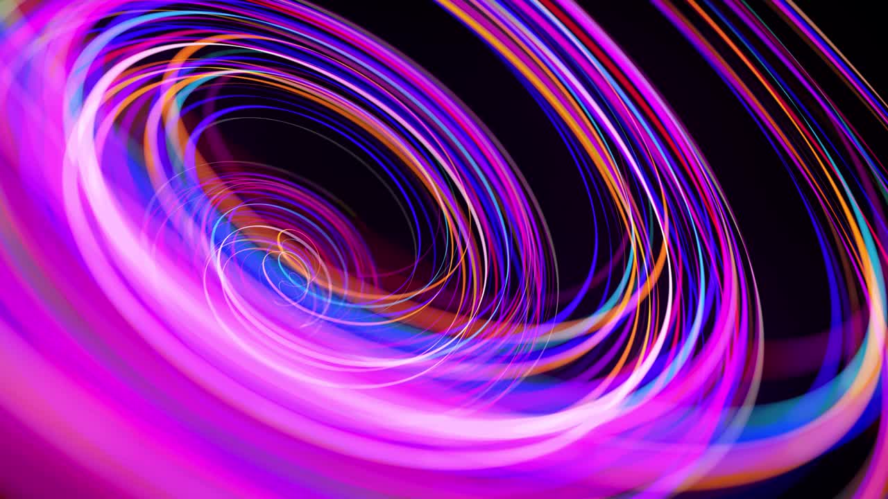 Motion graphics, sci-fi bg. Stream of multicolor neon lines form spiral shape, curls and pattern. Abstract background with light trails, Modern trendy motion design background. Light flow bg in 4k.