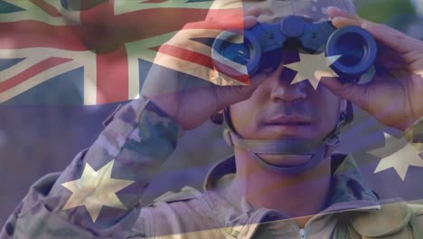 Animation-Der-Flagge-Australiens-über-Einem-Kaukasischen-Männlichen-Soldaten-Mit-Fernglas