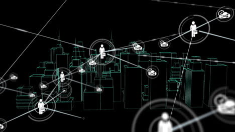 network of connected people icons and data exchange animation over cityscape