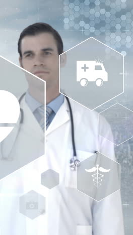 el médico toca la pantalla de la interfaz digital virtual