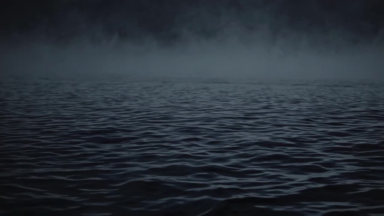 Eerie video scene of dark, rippling water under a foggy sky