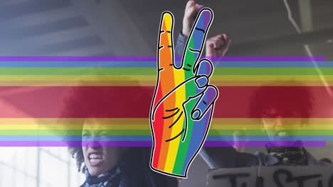 animación de la bandera del arco iris y entrega de manifestantes afroamericanos de sexo femenino y masculino