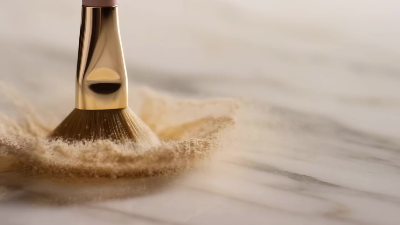 En afrundet makeupbørste med metallisk guldhylster fejer gennem en lille bunke løst beige pudder på en lys marmorbordplade, hvilket skaber radiale furer, forskudte granuler, spredte partikler og en blød effekt.