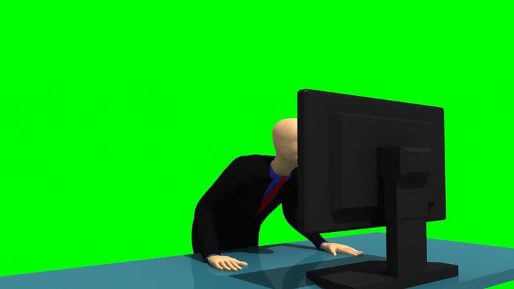 Animierte Grafik, die einen leuchtenden 3D-Mann zeigt, der auf einen Desktop blickt