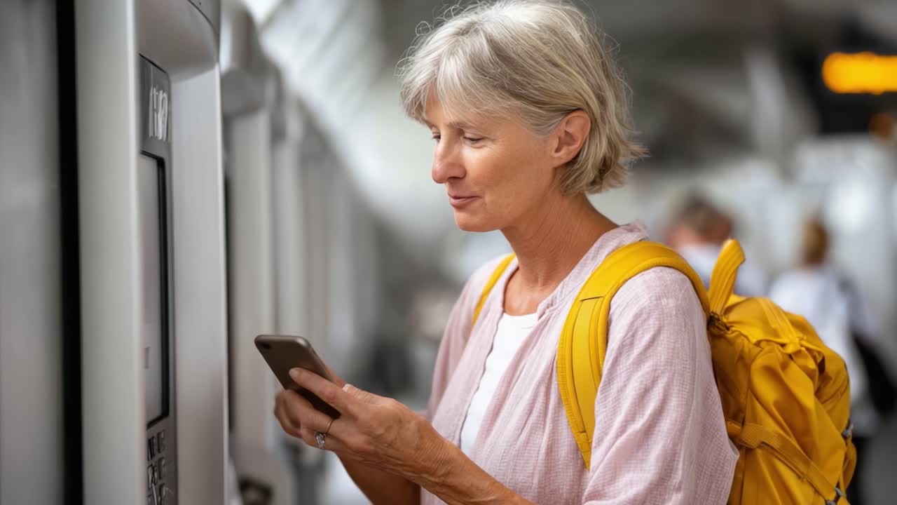 A senior woman with a cheerful expression uses her smartphone while attending to a ticket vending machine at a busy transportation hub, showcasing her active engagement in urban life