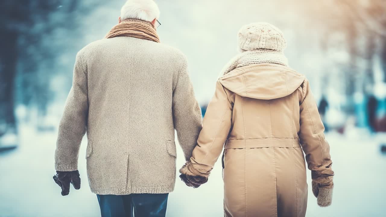 Momento toccante: coppia di anziani che cammina mano nella mano in un paesaggio invernale innevato, celebrando l'amore e lo stare insieme in una splendida cornice fredda