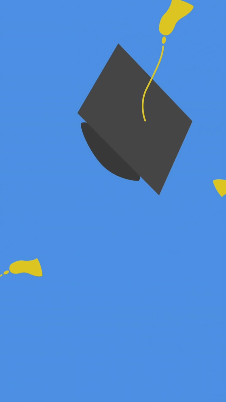 Digital animation of multiple graduation hat icons falling against blue background