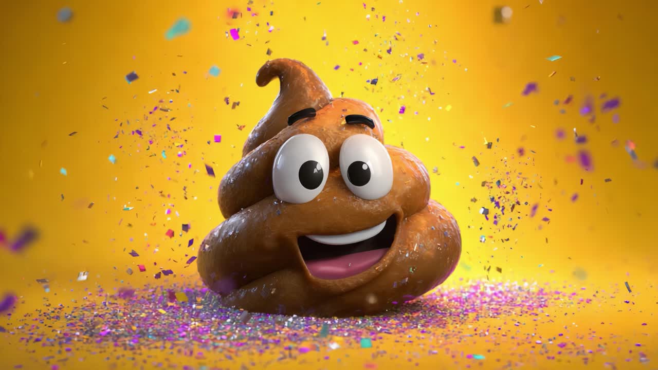 A joyful cartoon character resembling a smiling poop emoji sparkles against a cheerful yellow background, surrounded by colorful confetti, radiating positivity and humor in every frame