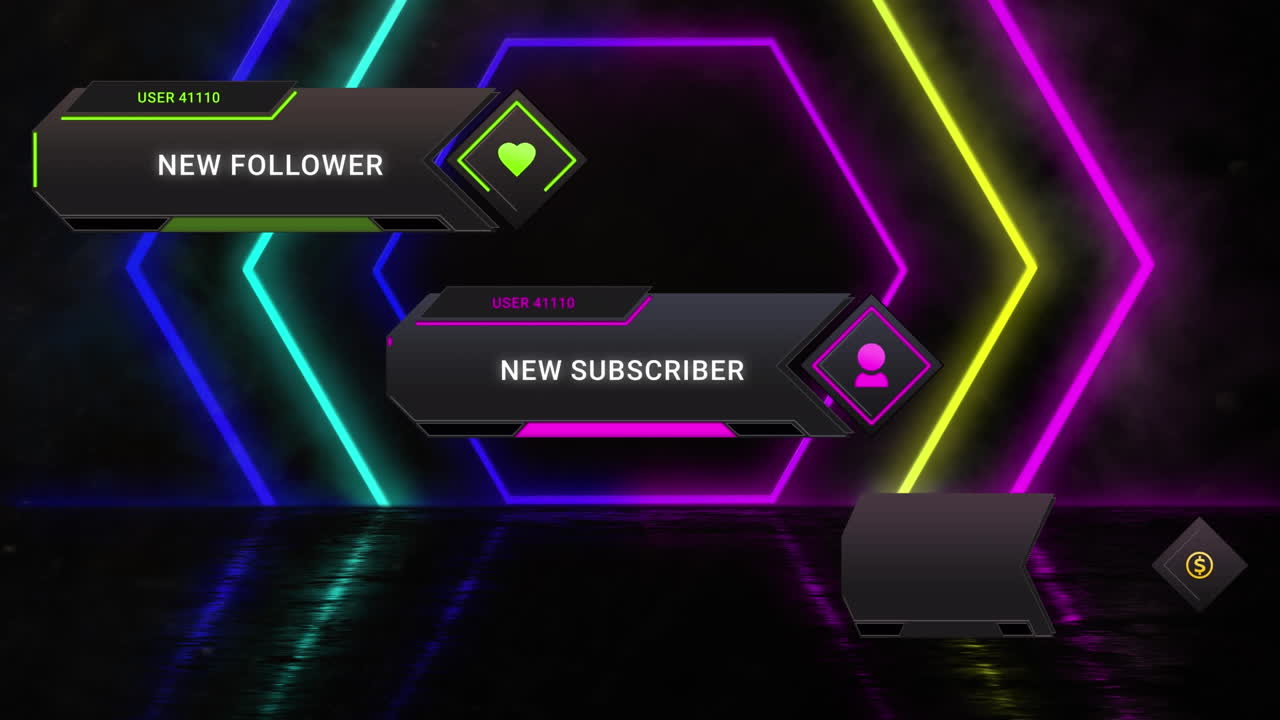 Animazione di icone e testi dei social media su forme al neon