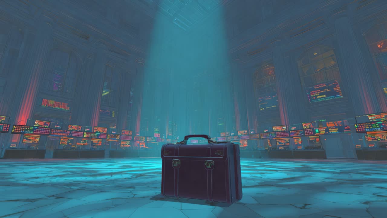 Lone mysterious briefcase resting on a cracked marble floor in the middle of an abandoned, futuristic high tech data center or command room, illuminated by a single spotlight from above