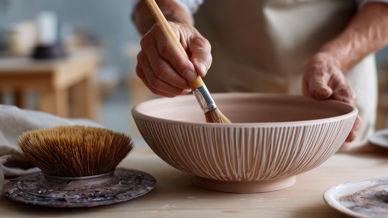 Artigiano che decora una ciotola fatta a mano con un pennello in uno studio creativo di ceramica, mettendo in mostra dettagli intricati e tecniche abili per un'arte ceramica unica