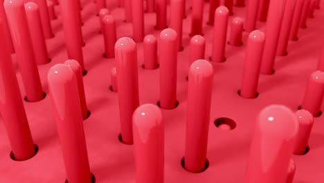3d formas de cilindro volando agujeros de introducción en colores rojos pastel. 4k animación de renderización de bucle sin costuras.