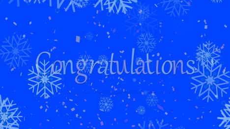 Animation-of-snowflakes-and-confetti-falling-over-congratulations-text-banner-on-blue-background